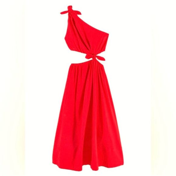 NEW FARM Rio Red Midi Knot Dress Linen Cutout Elastic Waist Asymmetrical Size XL - Picture 8 of 13